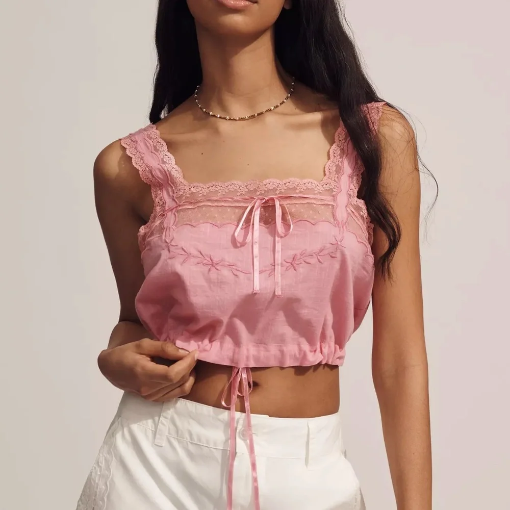 Forever That Girl Lace Square-Neck Bubble Tank Top Cropped Pink Blouse M NWT - Picture 1 of 5